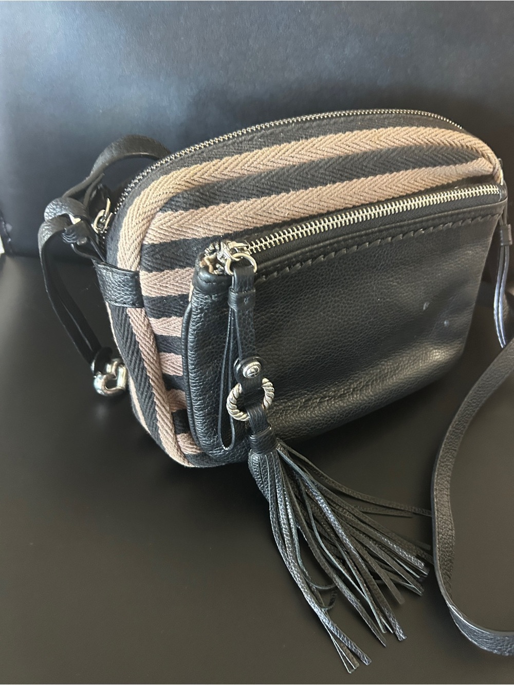 Brighton Black and Taupe Striped Crossbody with Tassel